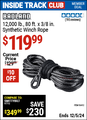 Harbor Freight Coupons, HF Coupons, 20% off - BADLAND 12,000 Lb. 80 Ft. X 3/8 In. Synthetic Winch Rope for $149.99