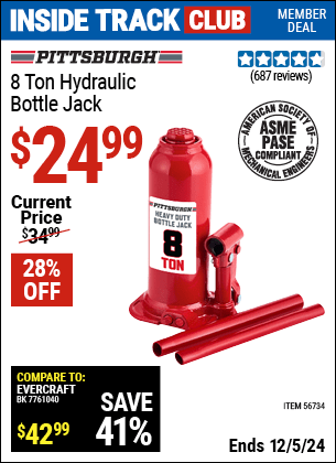 Harbor Freight Coupons, HF Coupons, 20% off - PITTSBURGH 8 Ton Hydraulic Bottle Jack 