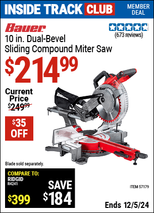 Harbor Freight Coupons, HF Coupons, 20% off - BAUER 10 in. Dual-Bevel Sliding Compound Miter Saw 