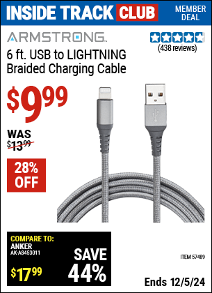 Harbor Freight Coupons, HF Coupons, 20% off - 6 ft. USB to LIGHTNING Braided Charging Cable