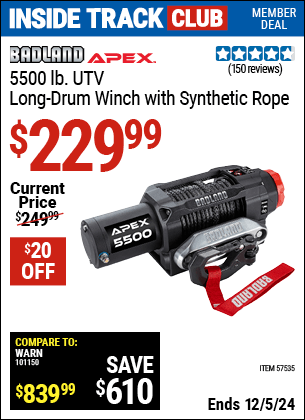 Harbor Freight Coupons, HF Coupons, 20% off - BADLAND APEX 5500 lb. UTV Long Drum Winch with Synthetic Rope for $249.99