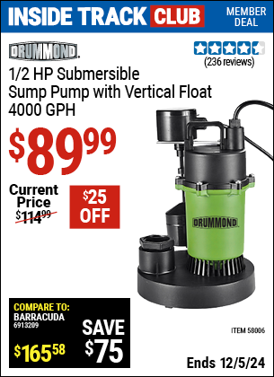 Harbor Freight Coupons, HF Coupons, 20% off - DRUMMOND 1/2 HP Submersible Sump Pump with Vertical Float for $99.99