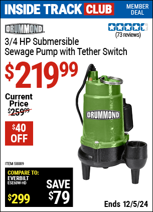 Harbor Freight Coupons, HF Coupons, 20% off - DRUMMOND 3/4 HP Submersible Sewage Pump with Tether Switch for $239.99