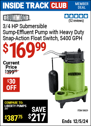 Harbor Freight Coupons, HF Coupons, 20% off - DRUMMOND 3/4 HP Submersible Sump-Effluent Pump with Heavy Duty Snap Action Float Switch 5400 GPH 