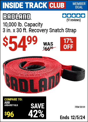 Harbor Freight Coupons, HF Coupons, 20% off - 10,000 lb.  Capacity 3 in.  x 30 ft.  Recovery Snatch Strap