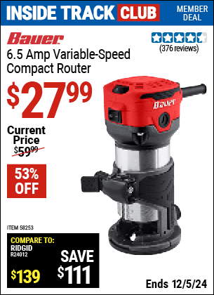 Harbor Freight Coupons, HF Coupons, 20% off - BAUER 1-1/4 HP 1/4 in. Variable Speed Compact Router 