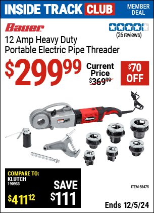 Harbor Freight Coupons, HF Coupons, 20% off - BAUER 12 Amp Heavy Duty Portable Electric Pipe Threader for $299.99