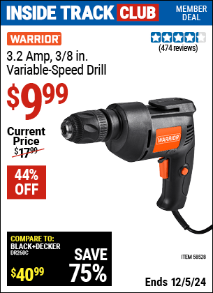 Harbor Freight Coupons, HF Coupons, 20% off - WARRIOR 3.2 Amp 3/8 in. Variable Speed Drill 