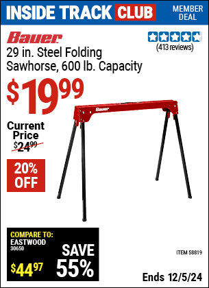 Harbor Freight Coupons, HF Coupons, 20% off - BAUER 600 lb. Capacity Folding Steel Sawhorse 