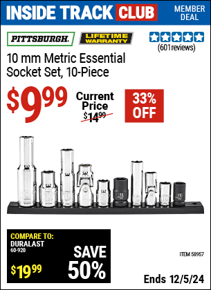 Harbor Freight Coupons, HF Coupons, 20% off - PITTSBURGH 10mm Metric Essential Socket Set for $9.99