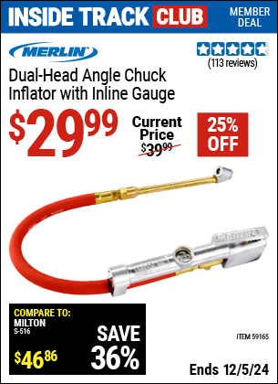 Harbor Freight Coupons, HF Coupons, 20% off - MERLIN Dual Head Angle Chuck Inflator with Inline Gauge for $29.99