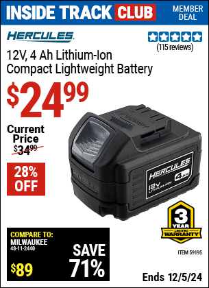 Harbor Freight Coupons, HF Coupons, 20% off - HERCULES 12V Lithium-Ion 4.0 Ah Compact Lightweight Battery 