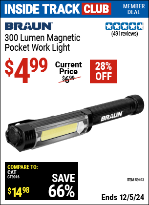 Harbor Freight Coupons, HF Coupons, 20% off - BRAUN 300 Lumen Magnetic Pocket Work Light for $4.99