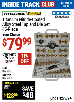 Harbor Freight Coupons, HF Coupons, 20% off - 45 Piece Titanium Nitride Coated Alloy Steel Tap And Die Sets