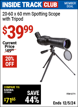 Harbor Freight Coupons, HF Coupons, 20% off - 20-60 X 60mm Spotting Scope With Tripod