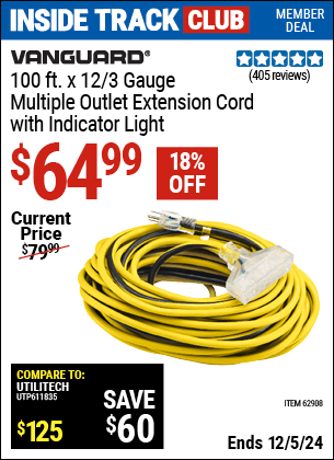 Harbor Freight Coupons, HF Coupons, 20% off - 100 ft. x 12 Gauge Multi-Outlet Extension Cord with Indicator Light