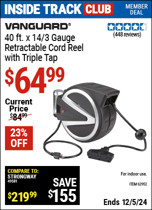 Harbor Freight Coupons, HF Coupons, 20% off - VANGUARD 40 ft. Retractable Cord Reel with Triple Tap for $64.99