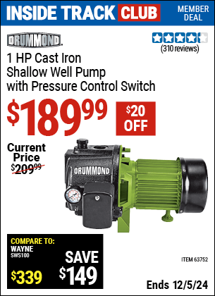 Harbor Freight Coupons, HF Coupons, 20% off - DRUMMOND 1 HP Cast Iron Shallow Well Pump with Pressure Control Switch for $189.99