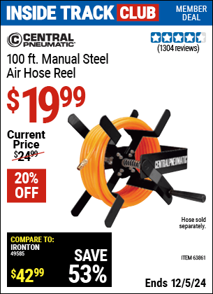 Harbor Freight Coupons, HF Coupons, 20% off - 100 Ft. Manual Steel Air Hose Reel