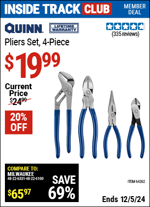 Harbor Freight Coupons, HF Coupons, 20% off - Quinn 4 Piece Pliers Set