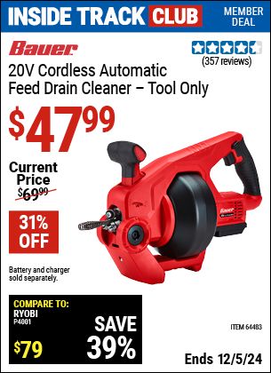 Harbor Freight Coupons, HF Coupons, 20% off - 20v Lithium-Ion Cordless Auto-Feed Drain Cleaner - Tool Only