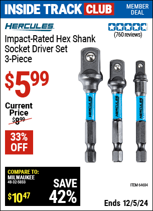 Harbor Freight Coupons, HF Coupons, 20% off - Hercules 3 Piece Impact Rated Hex Drill Socket Driver Set