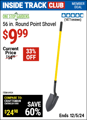 Harbor Freight Coupons, HF Coupons, 20% off - ONE STOP GARDENS 56 in. Round Point Shovel for $7.99