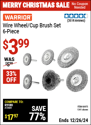 Harbor Freight Coupons, HF Coupons, 20% off - WARRIOR Wire Wheel/Cup Brush Set 