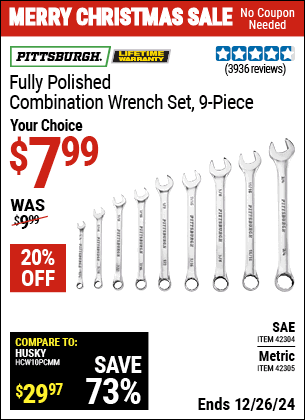 Harbor Freight Coupons, HF Coupons, 20% off - 9 Piece Fully Polished Combination Wrench Sets