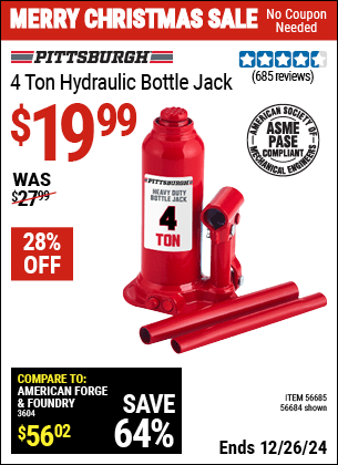 Harbor Freight Coupons, HF Coupons, 20% off - PITTSBURGH 4 Ton Hydraulic Bottle Jack for $17.99