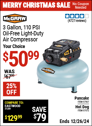 Harbor Freight Coupons, HF Coupons, 20% off - 3 Gallon 1/3 HP 110 PSI Oil-Free Pancake Air Compressor