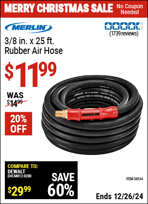 Harbor Freight Coupons, HF Coupons, 20% off - MERLIN 3/8 in. x 25 ft. Rubber Air Hose for $11.99