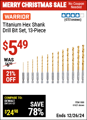 Harbor Freight Coupons, HF Coupons, 20% off - 13 Piece Titanium Nitride Coated High Speed Steel Drill Bits