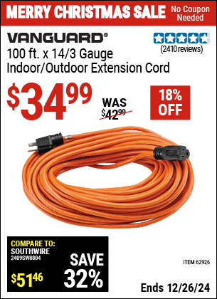 Harbor Freight Coupons, HF Coupons, 20% off - 100 Ft. X 14 Gauge Indoor/outdoor Extension Cord