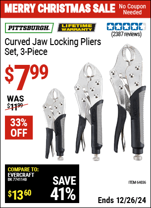 Harbor Freight Coupons, HF Coupons, 20% off - 3 Piece Curved Jaw Locking Pliers Set