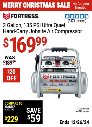 Harbor Freight Coupons, HF Coupons, 20% off - Fortress 2 Gallon, 1.2 Hp, 135 Psi Ultra-quiet, Oil-free Professional Air Compressor