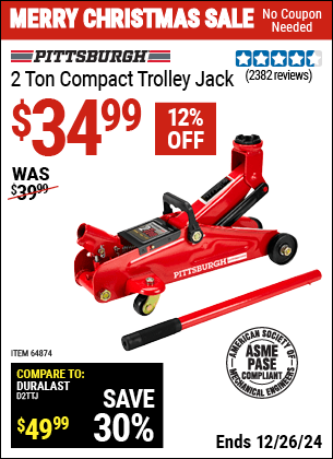 Harbor Freight Coupons, HF Coupons, 20% off - PITTSBURGH AUTOMOTIVE 2 ton Compact Trolley Jack for $24.99