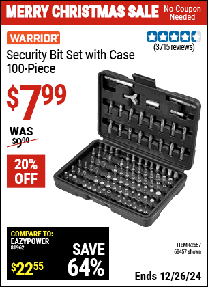 Harbor Freight Coupons, HF Coupons, 20% off - 100 Piece Security Bit Set