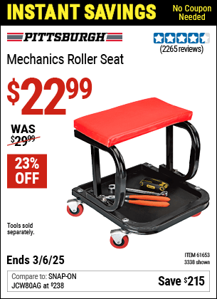 Harbor Freight Coupons, HF Coupons, 20% off - PITTSBURGH AUTOMOTIVE Mechanic's Roller Seat for $19.99