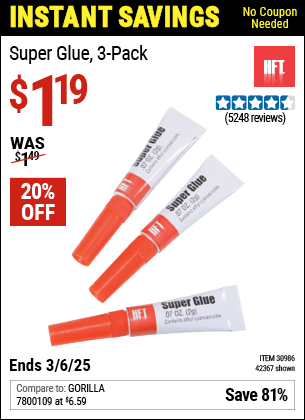 Harbor Freight Coupons, HF Coupons, 20% off - Super Glue Pack Of 3