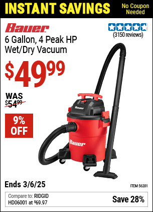 Harbor Freight Coupons, HF Coupons, 20% off - Bauer 6 Gallon Wet Dry Vacuum