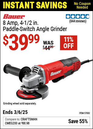 Harbor Freight Coupons, HF Coupons, 20% off - 8 Amp 4-1/2 in. Paddle Switch Angle Grinder