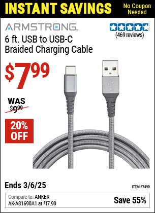 Harbor Freight Coupons, HF Coupons, 20% off - 6 ft. USB to USB-C Braided Charging Cable