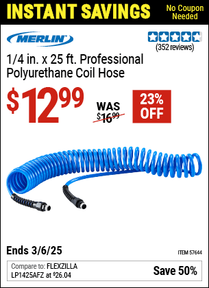 Harbor Freight Coupons, HF Coupons, 20% off - MERLIN 1/4 in. X 25 ft. Professional Polyurethane Coil Hose for $11.99