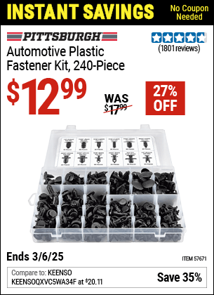 Harbor Freight Coupons, HF Coupons, 20% off - PITTSBURGH Automotive Plastic Fastener Kit for $13.99