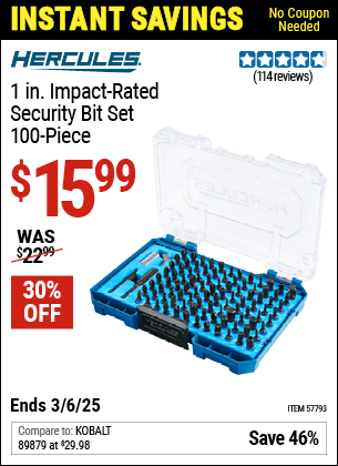 Harbor Freight Coupons, HF Coupons, 20% off - HERCULES 1 in. Impact-Rated Security Bit Set, 100-Piece for $15.99