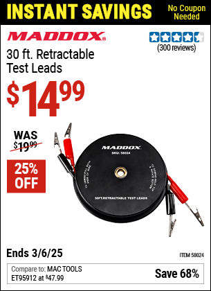 Harbor Freight Coupons, HF Coupons, 20% off - MADDOX 30 ft. Retractable Test Leads for $14.99