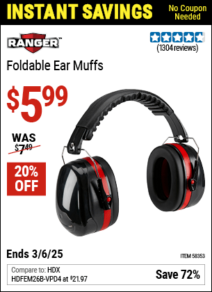 Harbor Freight Coupons, HF Coupons, 20% off - RANGER Foldable Ear Muffs for $5.99