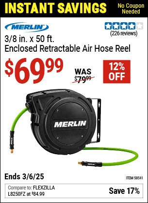 Harbor Freight Coupons, HF Coupons, 20% off - MERLIN 3/8 in. x 50 ft. Enclosed Retractable Air Hose Reel for $69.99