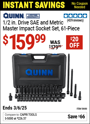 Harbor Freight Coupons, HF Coupons, 20% off - QUINN 1/2 in. Drive SAE & Metric Master Impact Socket Set 